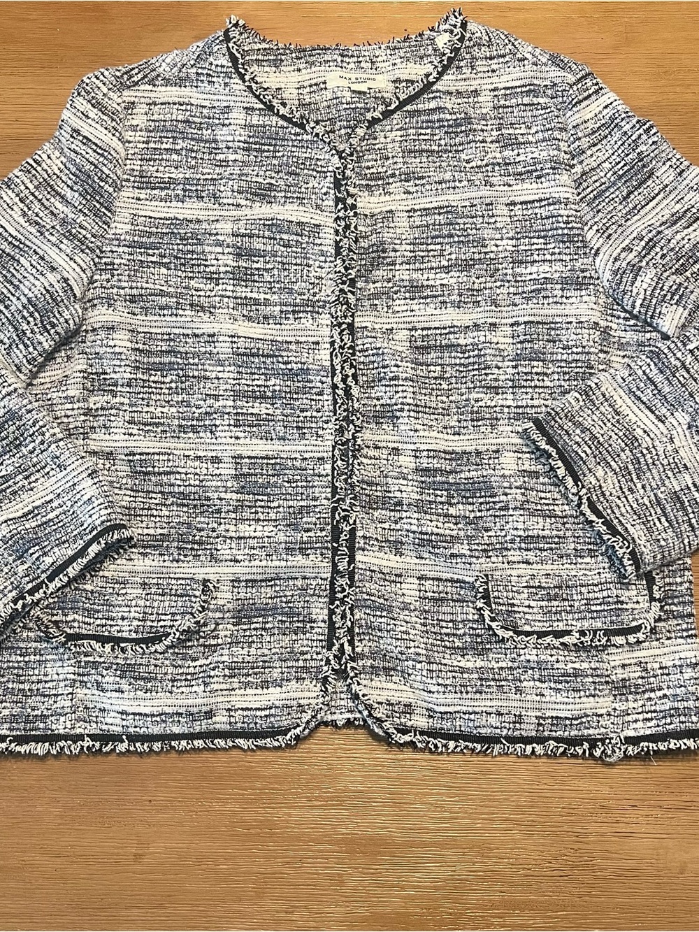Max Studio Navy & White Tweed Fringed Collarless Jacket